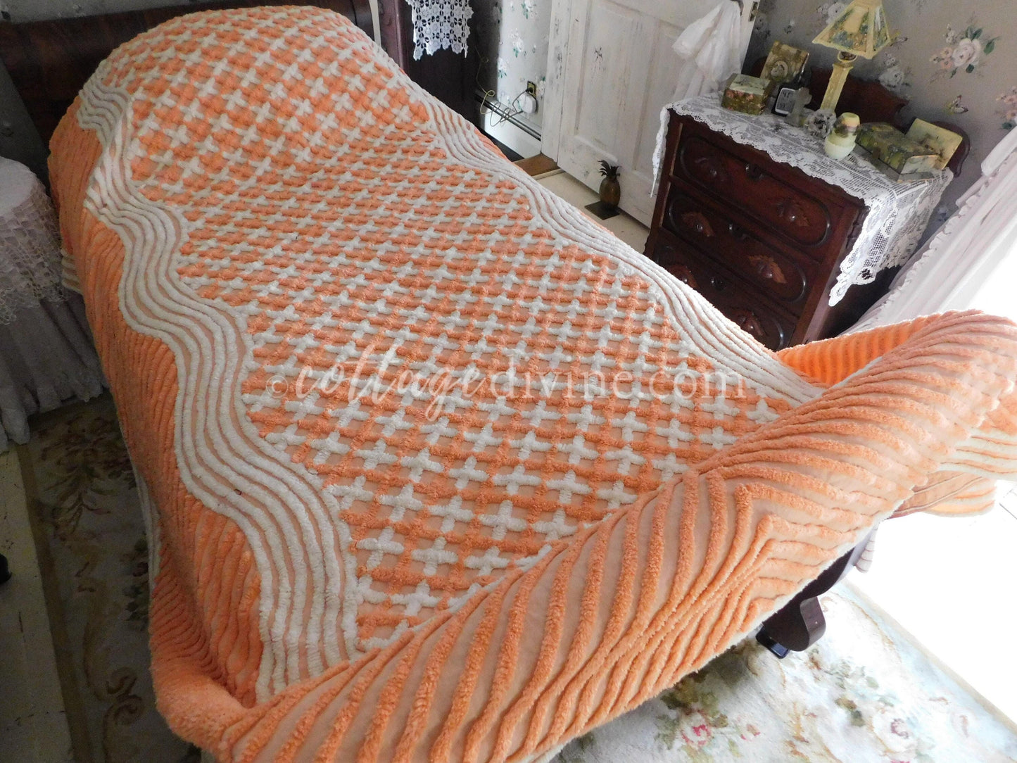 Delicious Peach Creamsicle Vintage Chenille Bedspread, 100% Plush Cotton, Twin Size