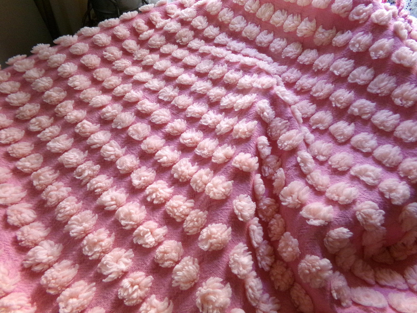 fluff puff pops chenille fabric, cute oversize bobbles on pink rose, 20" x 30" inch piece great for chenille quilts & sewing projects
