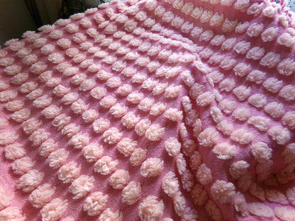 fluff puff pops chenille fabric, cute oversize bobbles on pink rose, 20" x 30" inch piece great for chenille quilts & sewing projects