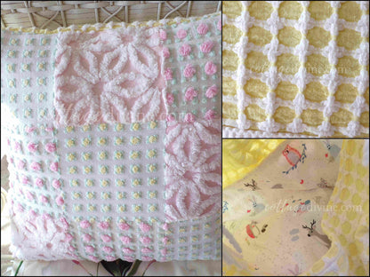 Daisy Rose Cottage Chic Chenille Pillow Cover 16" x 16" inch Square, Vintage REVERSIBLE Accent Pillow, Pink & Yellow Patchwork Design