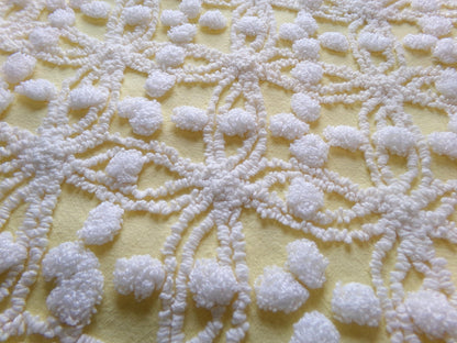 sunny yellow vintage chenille fabric, 20" x 24" piece of craft material for sewing, quilting in white overtufted pops & spider ring pattern