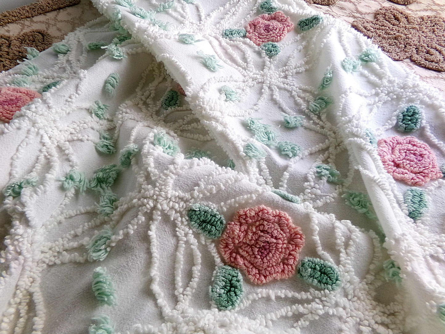 Pink Rose Garden Vintage Chenille Fabric, 18" x 25" Piece, Lovely Pink Florals in White Wedding Rings with Green Pops, 100% cotton material