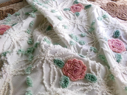 Pink Rose Garden Vintage Chenille Fabric, 18" x 25" Piece, Lovely Pink Florals in White Wedding Rings with Green Pops, 100% cotton material