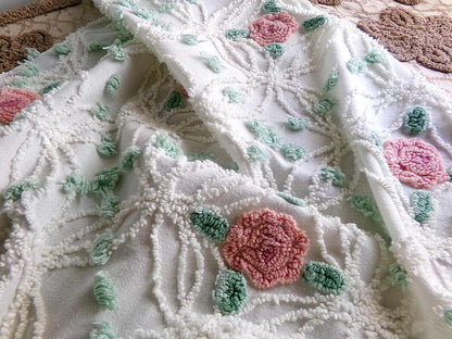 Cottage Life Vintage Chenille Fabric, 23" x 25" Piece, Beautiful Pink Roses Nested in White Wedding Rings with Mint Green Pops