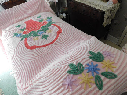 shabby girl pink vintage chenille bedspread, large flower basket & white swirls, full size summery cotton bedding