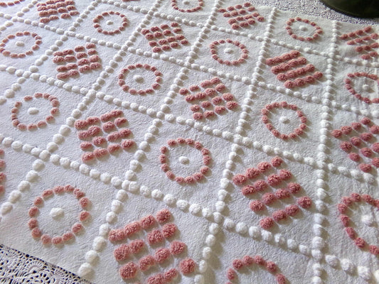 Checkerboard Circle Square Pops Chenille Fabric, 26" x 19" piece, Handmade Vintage Textile for Quilting, DIY Pillows, Fiber Arts & Crafts