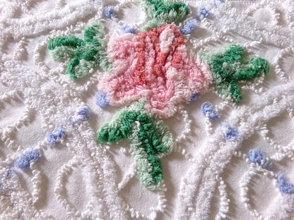 pretty pink rose fabric piece, vintage floral chenille cottage shabby sewing material, 11" x 22" inches