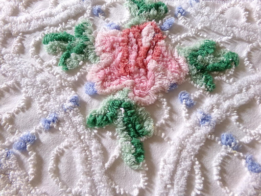 pretty pink rose fabric piece, vintage floral chenille cottage shabby sewing material, 11" x 22" inches