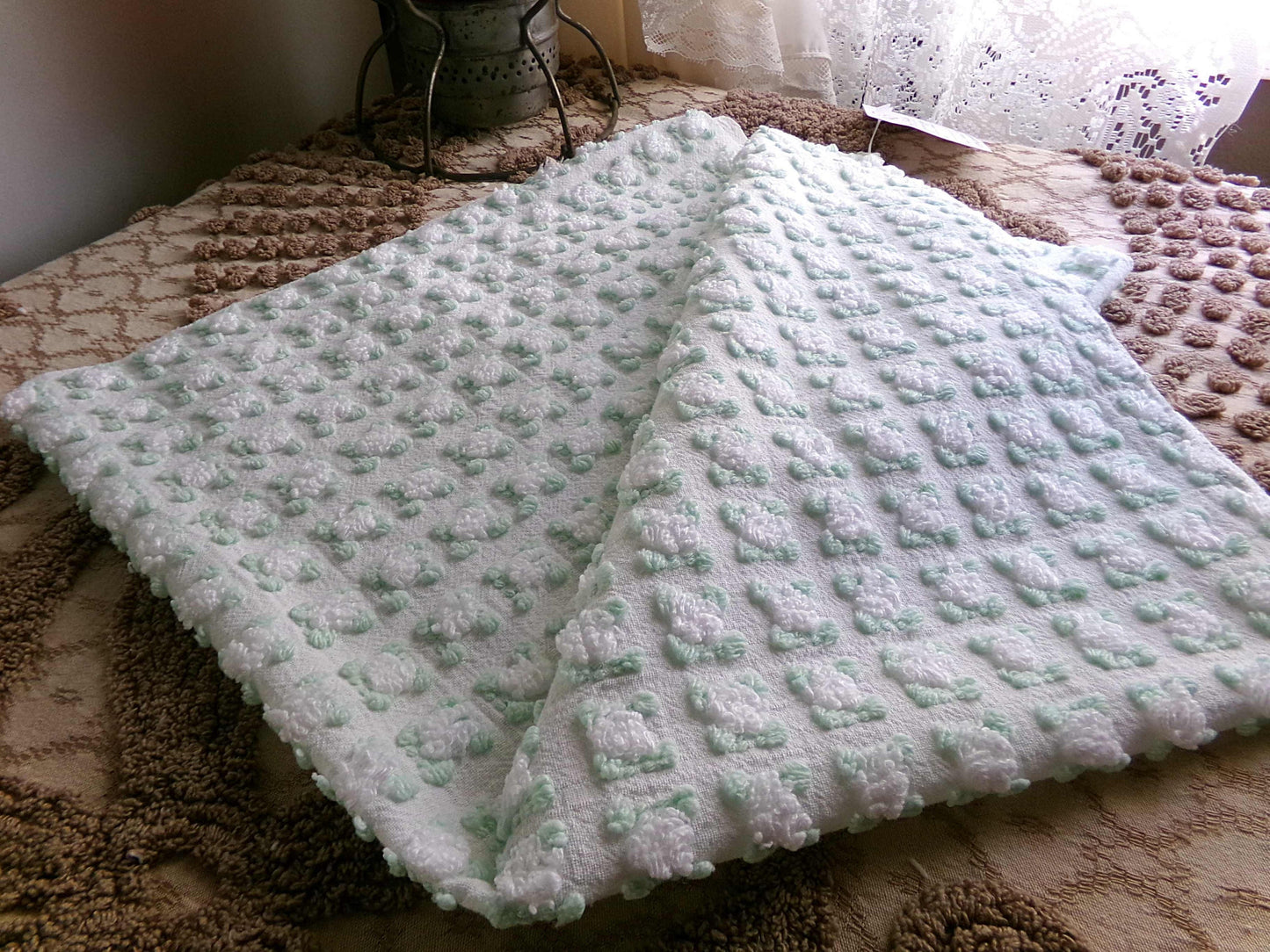 Plump White Rosebuds Vintage Chenille Fabric, 19" x 25" Piece, Beautiful Roses with Mint Green Leaves