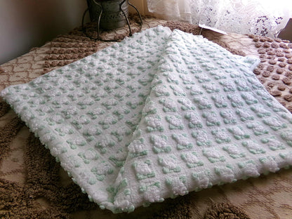 Plump White Rosebuds Vintage Chenille Fabric, 19" x 25" Piece, Beautiful Roses with Mint Green Leaves