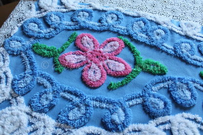 Sky Blue Swirls Vintage Style Chenille Fabric, 16" x 28" Inch Floral Piece, White Curlicues
