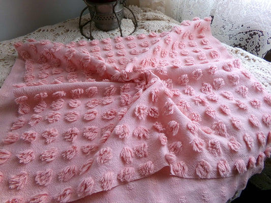 windswept pops chenille fabric, sunshadow coral rose sewing material, 17" x 29" inch piece from vintage chenille bedspread