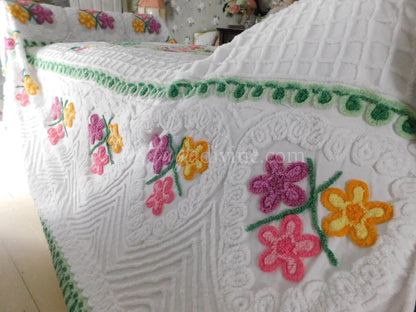 vintage chenille bedspread popping with a rainbow of hearts & flowers, full size summertime bedding