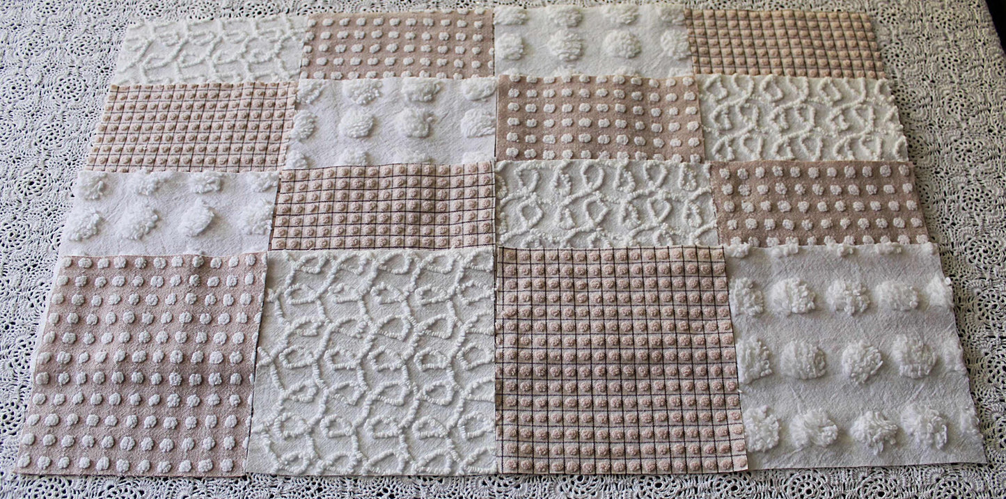 Trendy Neutral Chenille Squares, Vintage Meets Modern Craft Quilt Square Set from Vintage Bedspread Fabric, 16 Blocks, 6" x 6" inch