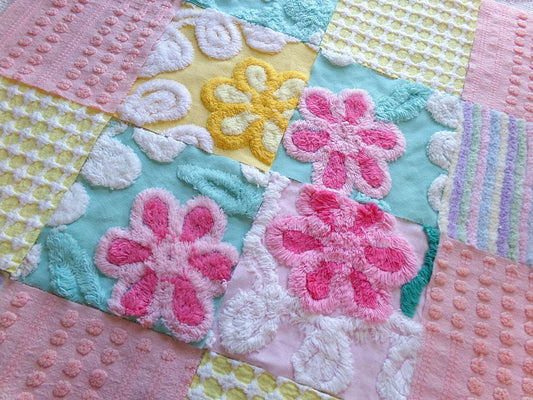 spring spirit chenille fabric squares, set of 16 pretty vintage pastel quilt blocks in rainbow pink, yellow, aqua florals & geometrics