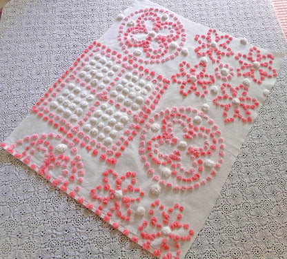 Spunky Daisy Medley Vintage Chenille Fabric, 23" x 18" inch handtufted antique Pink Pops piece, Fun in DIY Pillows