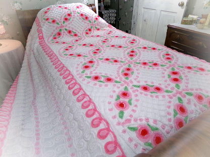 shabby romantic roses vintage chenille bedspread, lush pink & white swirl curlicues, twin size cotton coverlet