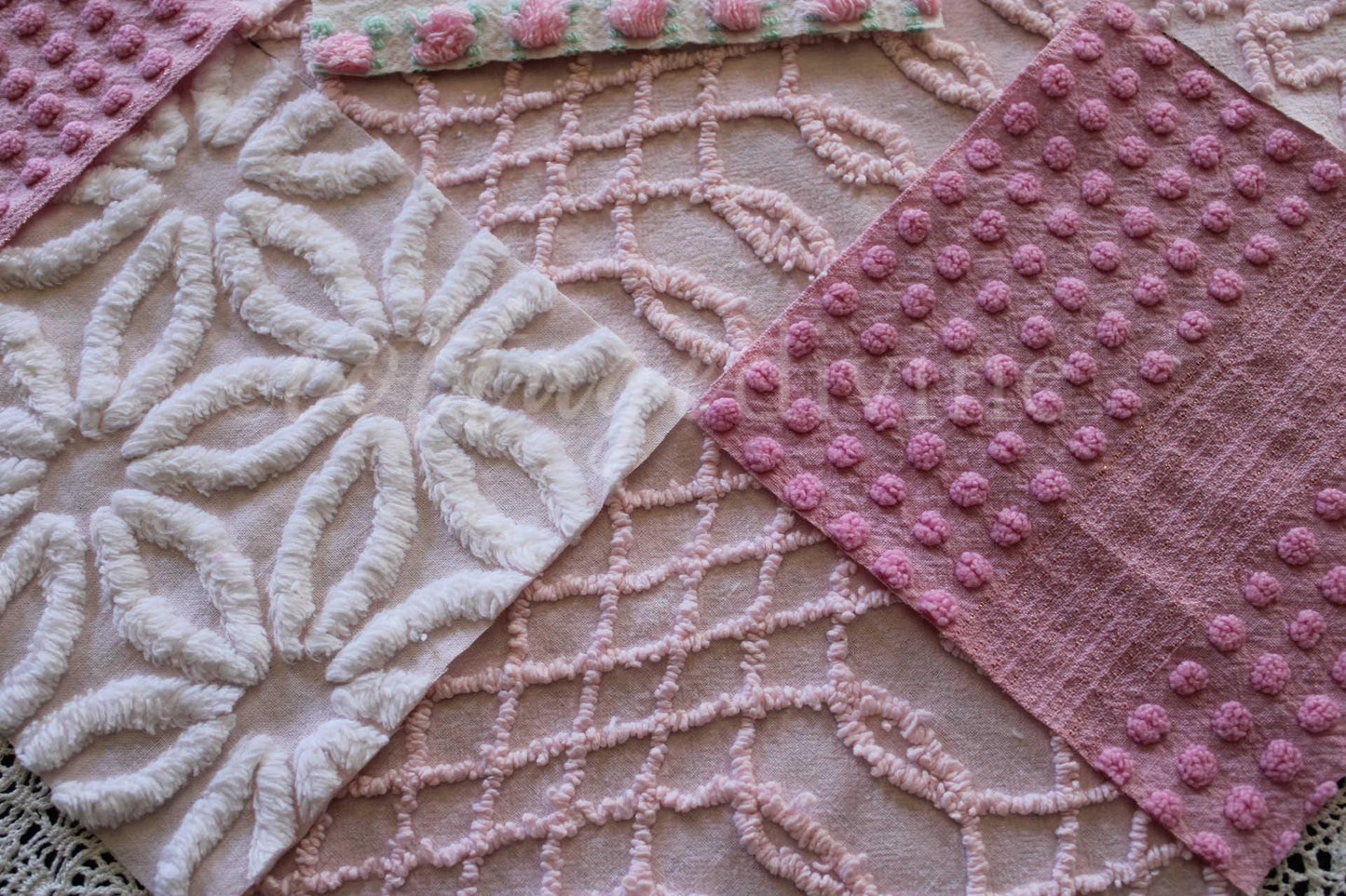 Prettiest Pink Quilt Squares, Daisy Rose Craft Square Set from Vintage Chenille Bedspread Fabric, 17 Blocks, 6" x 6" inch