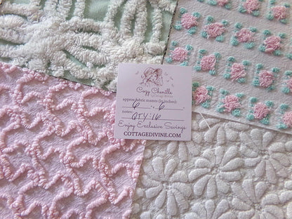 Chenille Squares Set, "Summer Bliss," 16 Vintage Fabric Quilt Blocks, 6" inch in White Daisy, Pink Rosebud, Mint Green, Squiggles