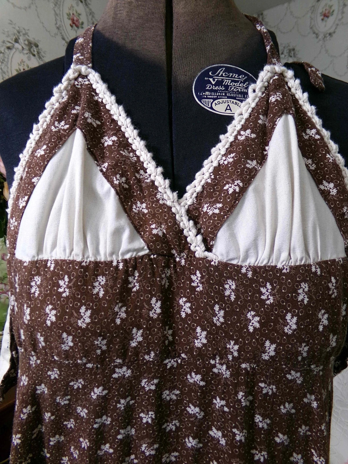 Vtg Gunne Sax Halter Dress Rare Brown Oak Acorn Print Boho Prairie Sundress