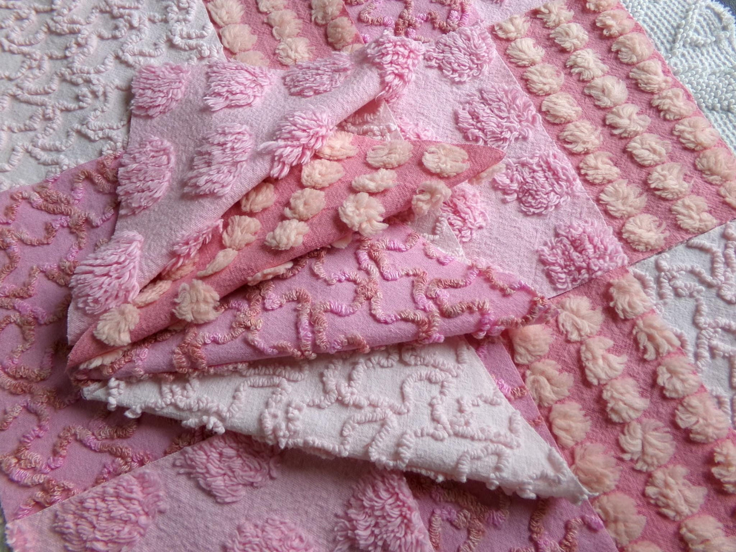 perky pinks chenille fabric squares, 16 vintage 6" quilt blocks in pops & squiggle texture, for sewing, crafts, fiber arts