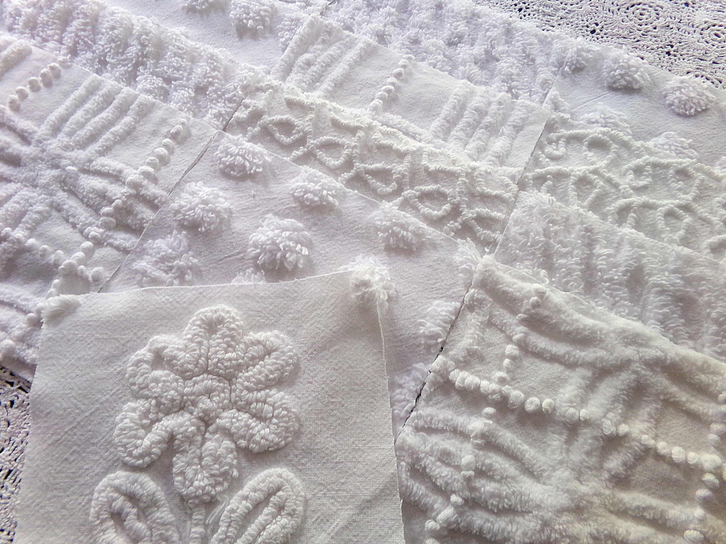Snowy Whites Chenille Quilt Squares Set from Vintage Bedspread Fabric, 17 Blocks 6" x 6" inch, Pops, Squiggles, Lattice & a Daisy