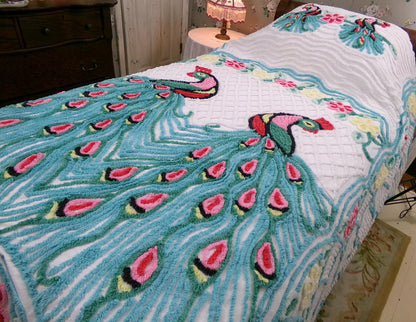 shabby chic peacock vintage chenille bedspread, iconic kitsch lovebird design, white cotton full size bedding