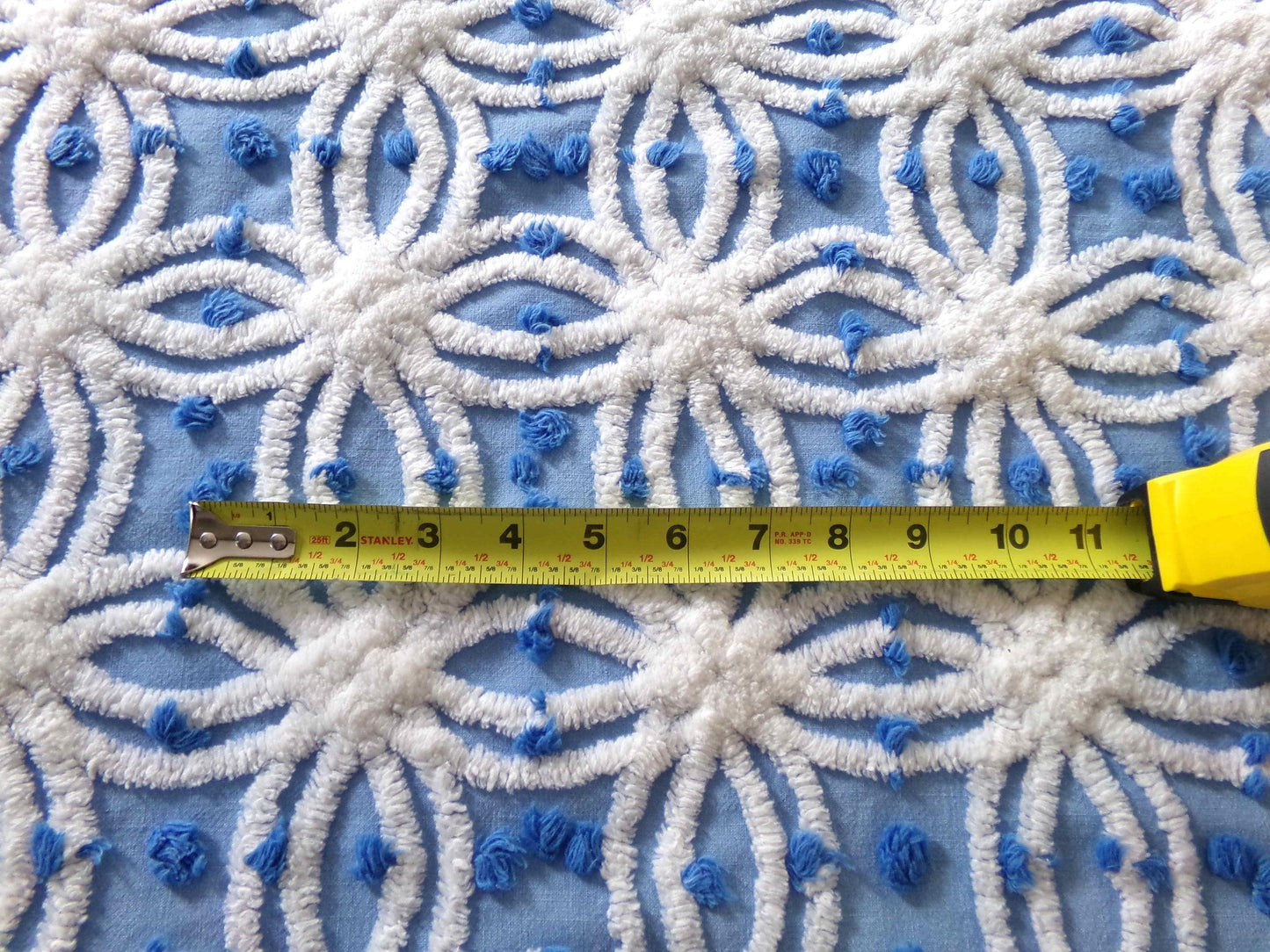 coastal chic blue vintage chenille fabric, white tufted spider rings & little pops, 24" x 18" inch piece