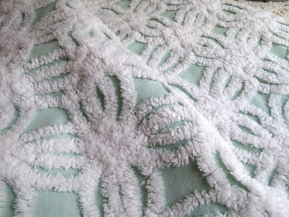 mint green chenille fabric, plush white wedding rings, 18" x 26" inch piece cut from vintage chenille bedspread