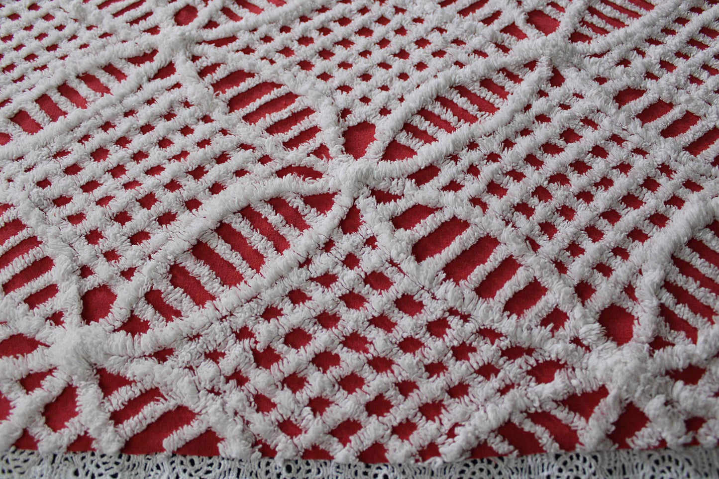red & white chenille fabric, fun festive wedding rings, 19" x 27" inch piece, 100% lightweight cotton, great for vintage Christmas stockings