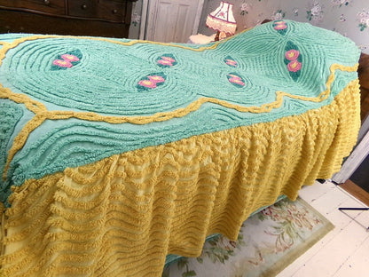 Vintage gold & green chenille bedspread, pink roses, attached ruffle skirt, twin sz