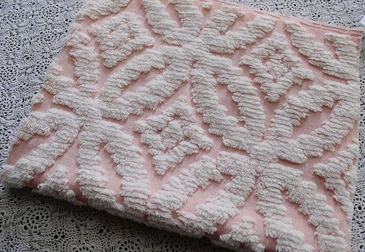 sculpted petals vintage chenille fabric, white tufting on cool pink, 20" x 25" inch piece, 100% cotton