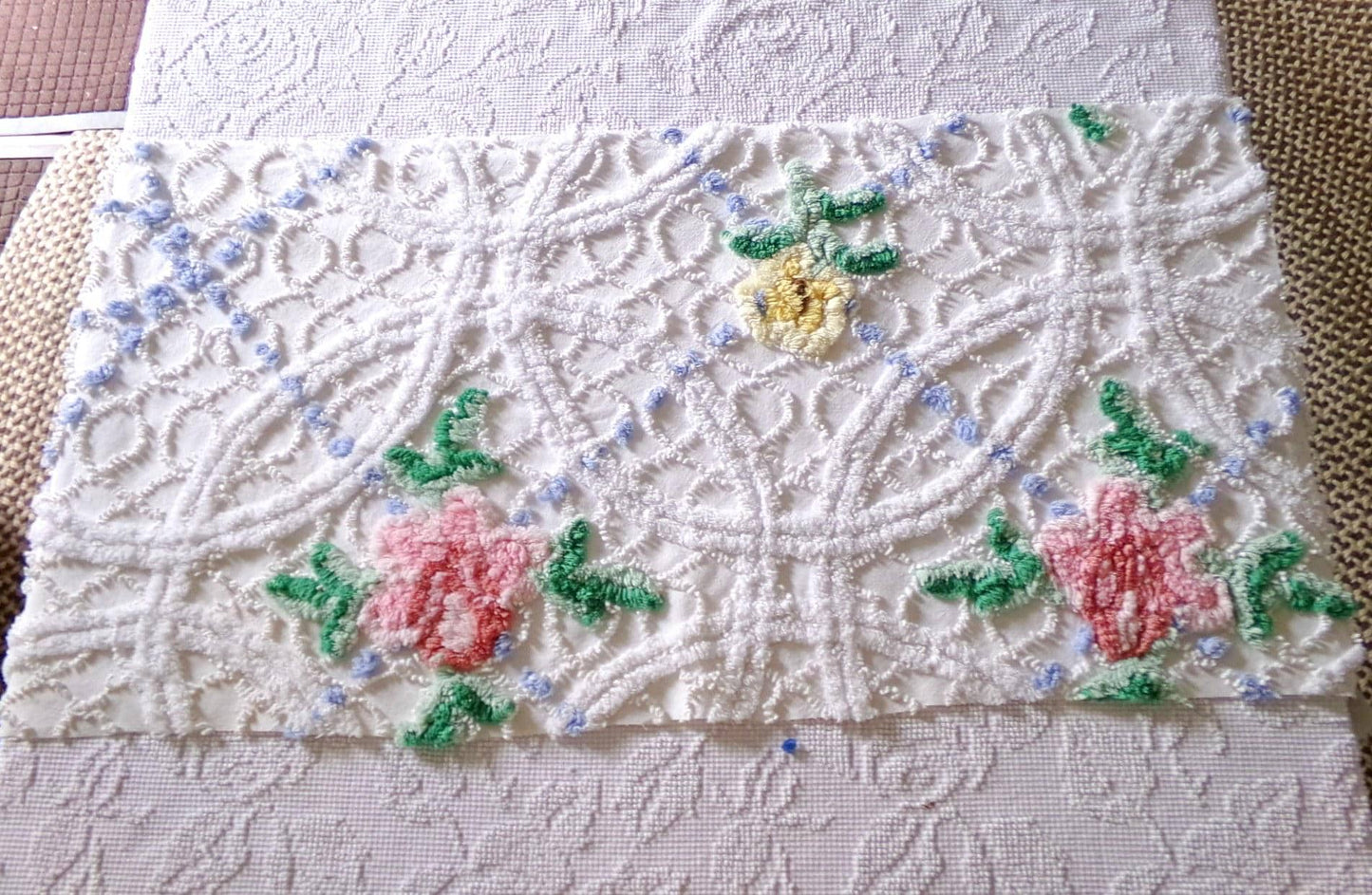 breezy rose floral fabric piece, vintage chenille country cottage style sewing material, 16" x 35" inch piece, white cotton