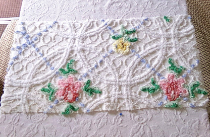 breezy rose floral fabric piece, vintage chenille country cottage style sewing material, 16" x 35" inch piece, white cotton