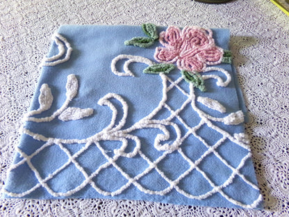 Romantic Pink Rose Vintage Chenille Fabric, 18" x 22" inch Piece, Blue Cotton Bkgd, Pretty for Pillow Covers or Quilting