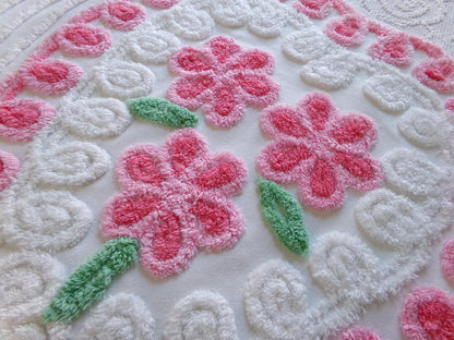 pretty pink heart vintage chenille fabric, a trio of roses with curlicue swirls, 17" x 23" inch piece of sewing material great for pillow
