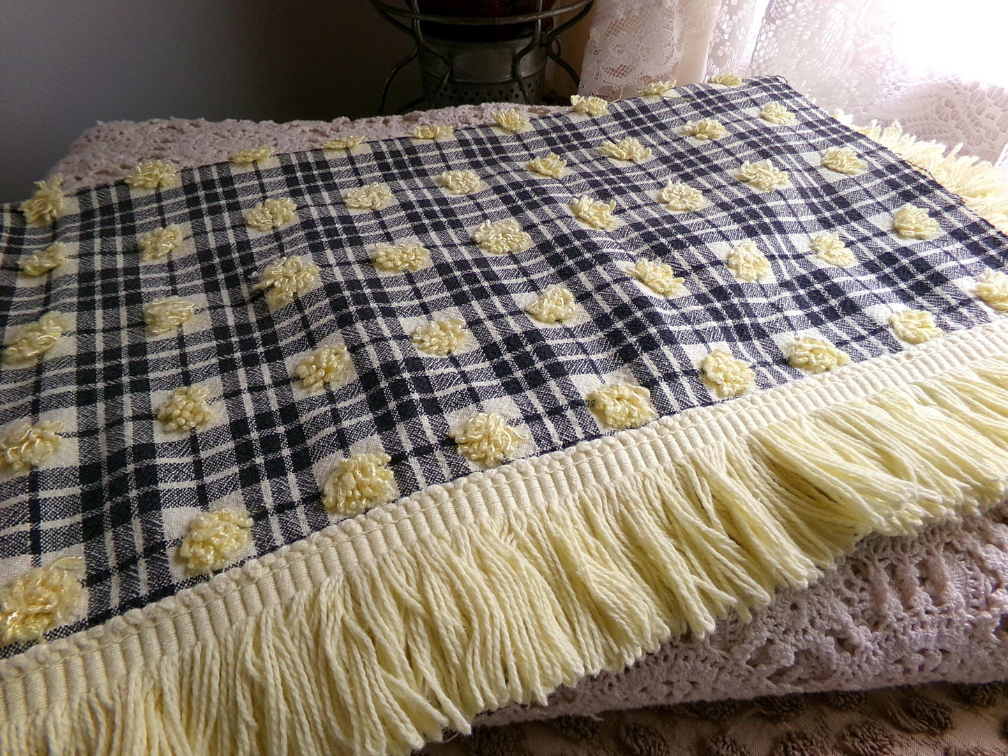 Retro Vintage Chenille Fabric, Bumblebee Black & Yellow Pops Piece, 17" x 25" inch Rounded with Accent Fringe