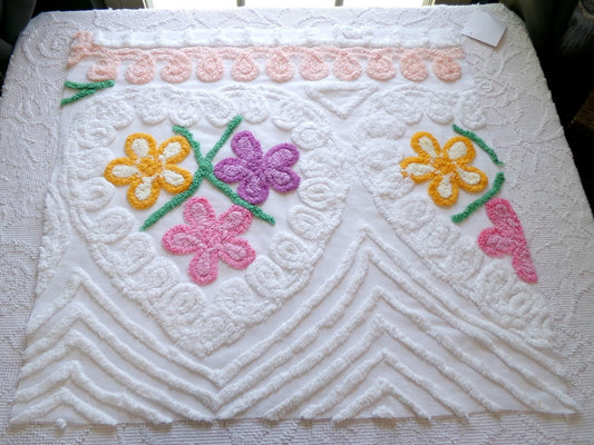 cottage style heart vintage chenille fabric, 24" x 23" cut floral piece ideal for pillows or upcycle into quilts, crafts
