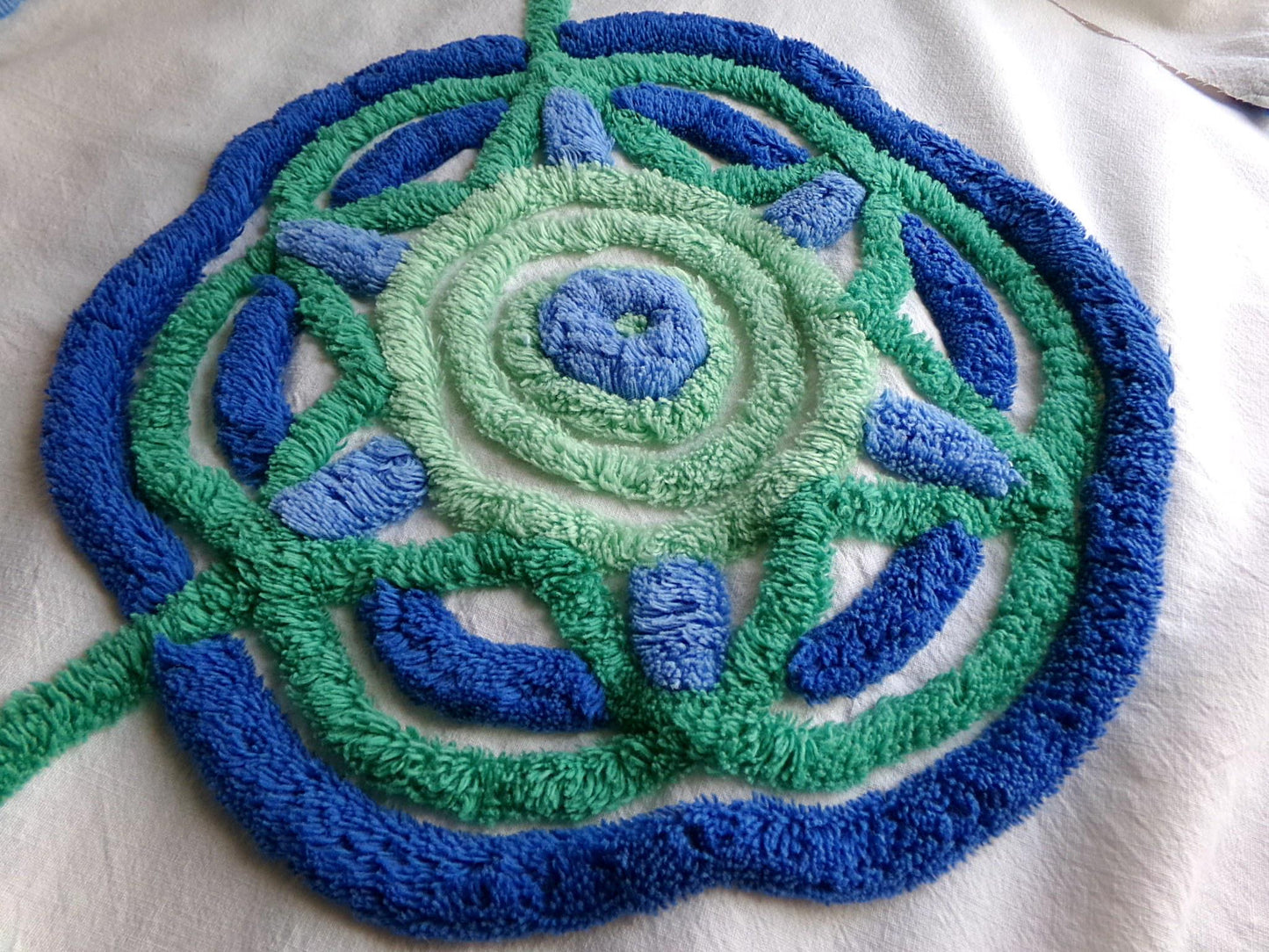 mod retro giant flower chenille fabric, great for a wall hanging, vintage handmade 17" x 30" inch piece