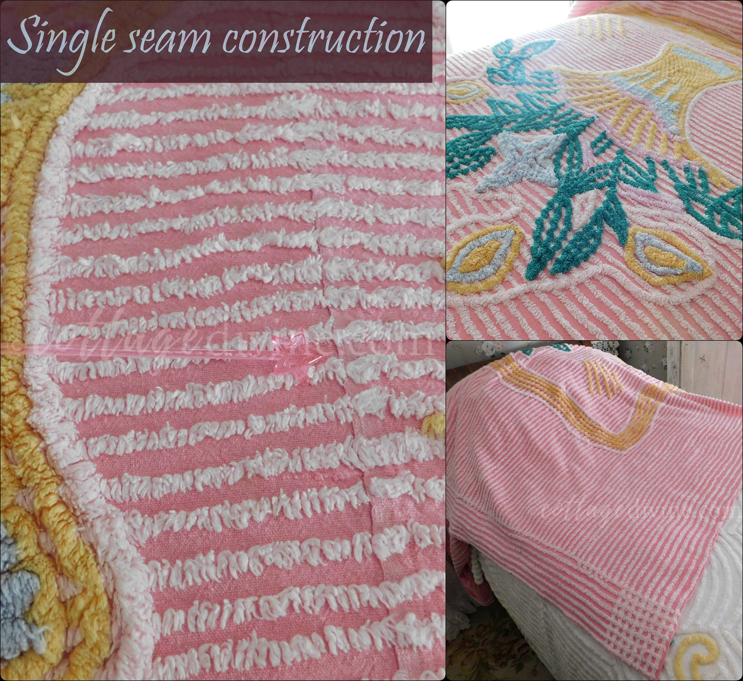Vintage Chenille Bedspread, Giant Flower Basket on Pink, Full Size, 100% Cotton, Shabby Cottage Bedding