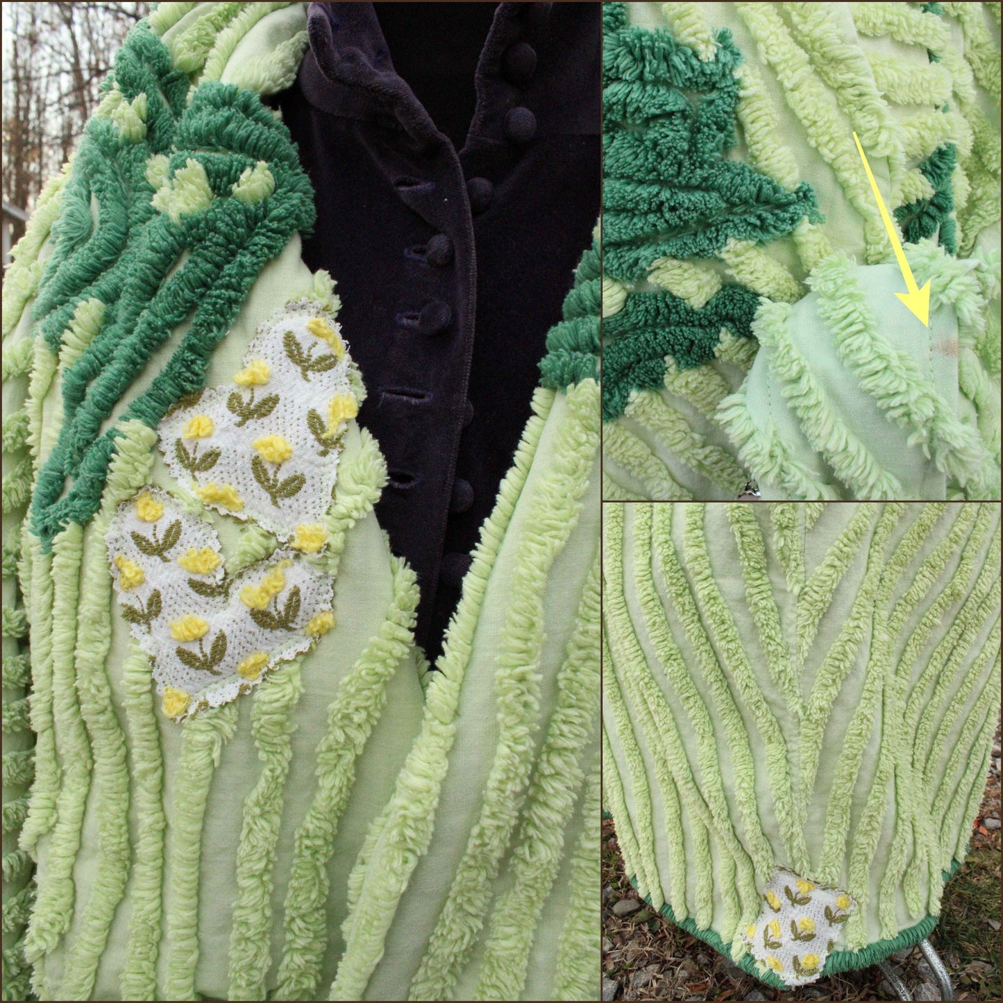 plant lady beautiful chenille robe, shabby upcycled women's bathrobe from tulip floral vintage chenille bedspread fabrics, in size L/XL