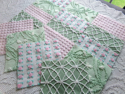 secret garden chenille fabric squares, 16 vintage 6" quilt blocks in pink & green, for sewing, crafts, fiber arts