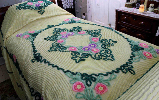 Darling Vintage Chenille Bedspread, Rich Green Floral Design on Sunny Yellow, Full Size Cottage Bedding, Midcentury Home Decor
