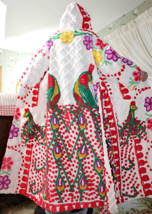 Boho Peacock HOODED Chenille Robe, Colorful Bathrobe Upcycled from Vintage Chenille Bedspreads in Bright Colors, Medium Large