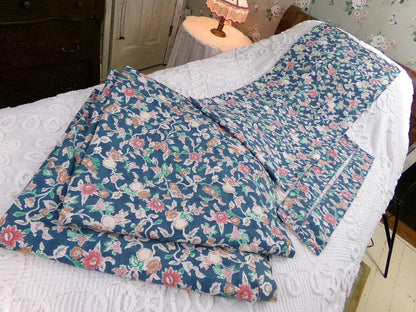 Ralph Lauren Curtain Set in Iconic Jardin Floral, Vintage Pair of Blue 1990s Window Drapery Panels, Valance & Tiebacks, Cotton, Made in USA