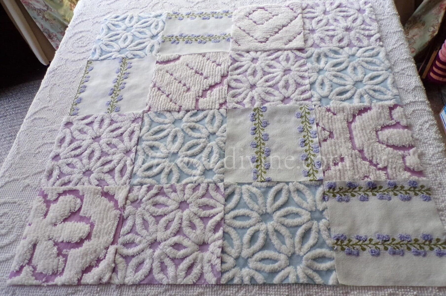 Sweet Slumber Chenille Quilt Squares Set from Vintage Bedspread Fabric, 16 Blocks, 6" x 6" inch