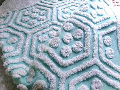 Plush Puffs Vintage Chenille Fabric, 20" x 25" Inch Aqua & White Piece, Rare Geometric Hexagon Design by Hofmann Textiles