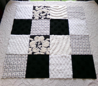 trendy tuxedo b&w chenille fabric squares, set of 16 vintage black and white quilt blocks 6" ea, great textures for crafts, quilting