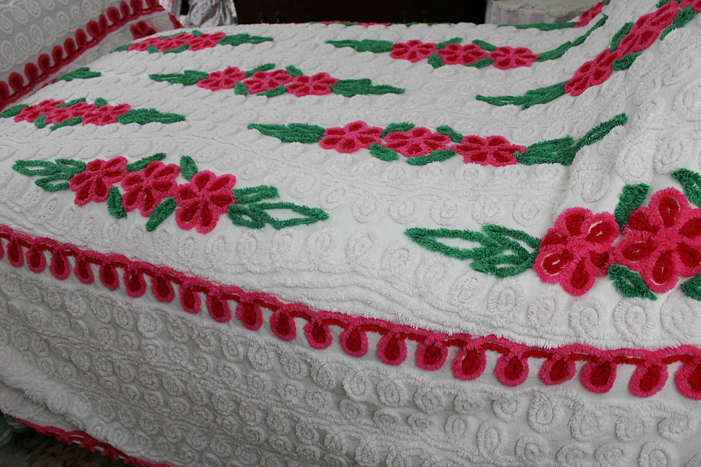 Vintage Chenille Bedspread, Raining Roses on Plush White, Full Size
