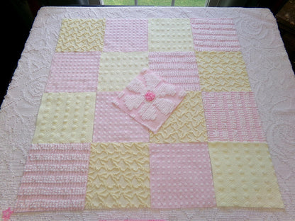 celebrate spring vintage chenille fabric squares, set of 17 pink & yellow 6" blocks for crafts, sewing